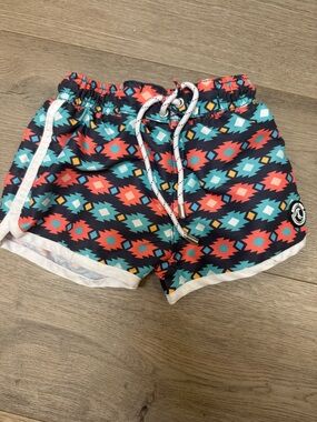 Kids Swim Shorts with Aztec Print - Navy, Coral & Teal